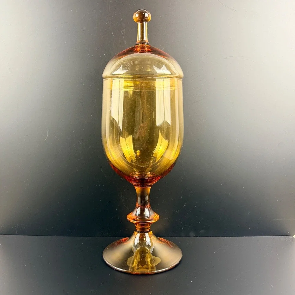 Empoli‎ Amber Glass Pedestal Apothecary Jar Lidded Urn MCM Italy 16.5